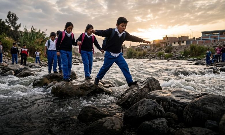 Escolares cruzan el río Rímac sobre piedras para llegar al colegio en Chosica