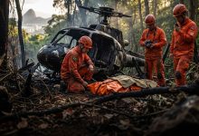 Bomberos trabajan en la zona boscosa del Parque Nacional Tijuca tras el accidente. (Foto referencial con IA / Chicho Al Aire)