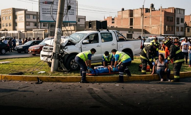 Camioneta blanca impactada contra un poste de luz en el óvalo Barrantes, Huaycán